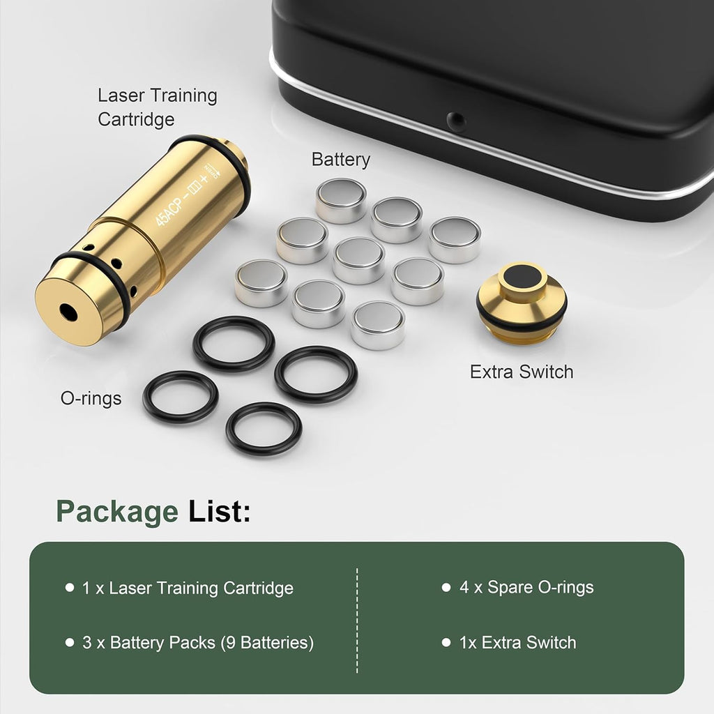 45ACP Laser Training Cartridge - Dry Fire System with Rubber Snap Cap & 3 Batteries for Shooting Practice