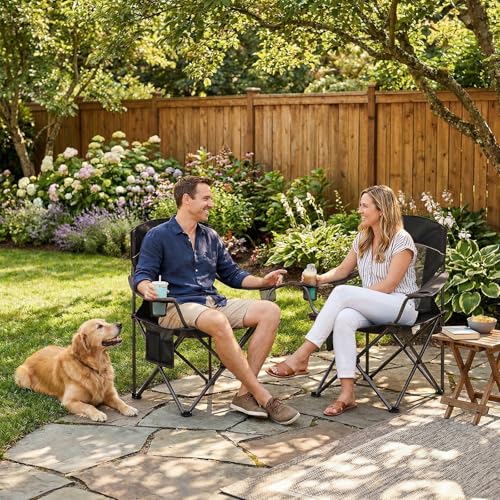 CAMPHILL Black 2-Pack Oversized Mesh Back Camping Chairs with Cup Holder & Side Pocket