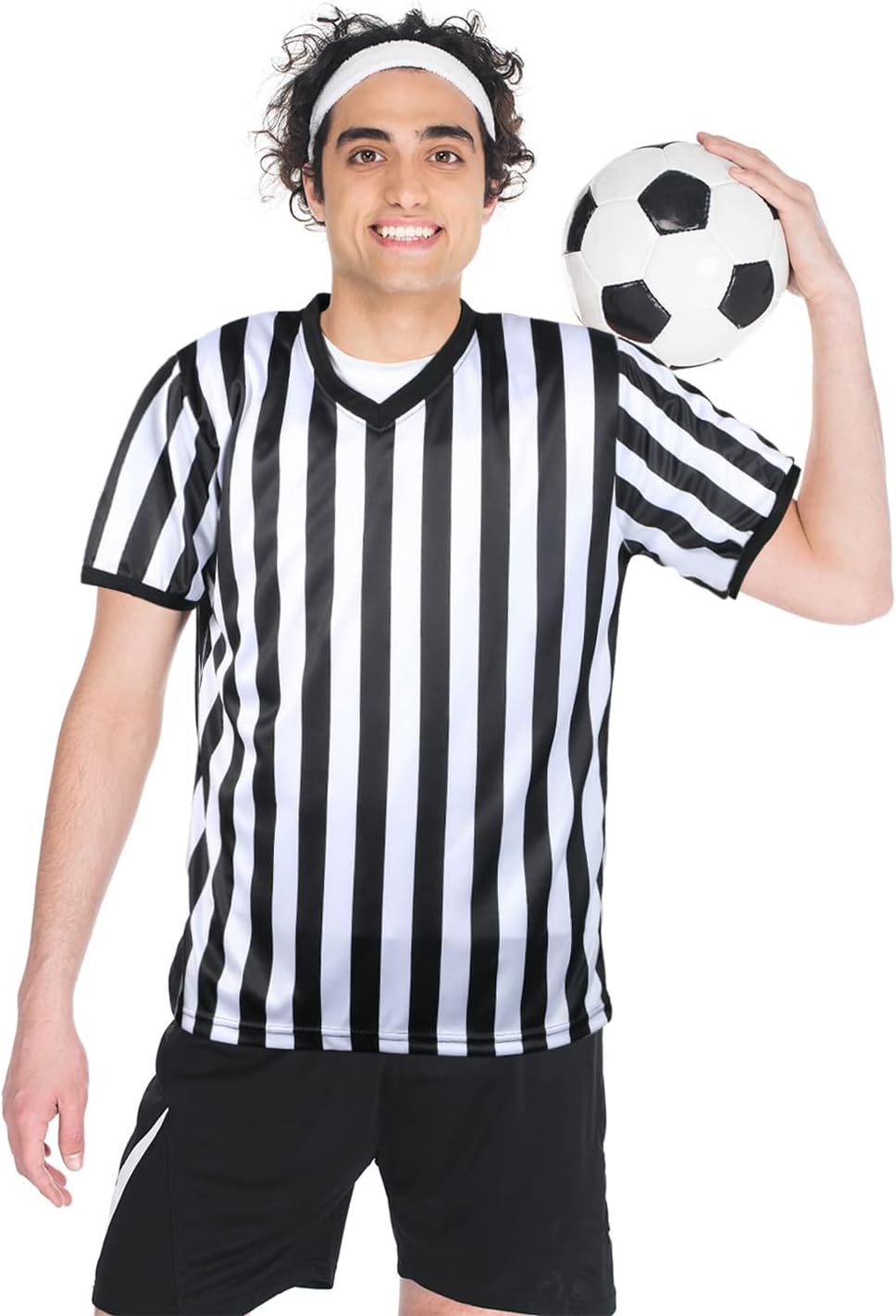 SATINIOR Men's Pro-Style Referee Shirt - Black and White Stripe Umpire Jersey with Whistle & Lanyard