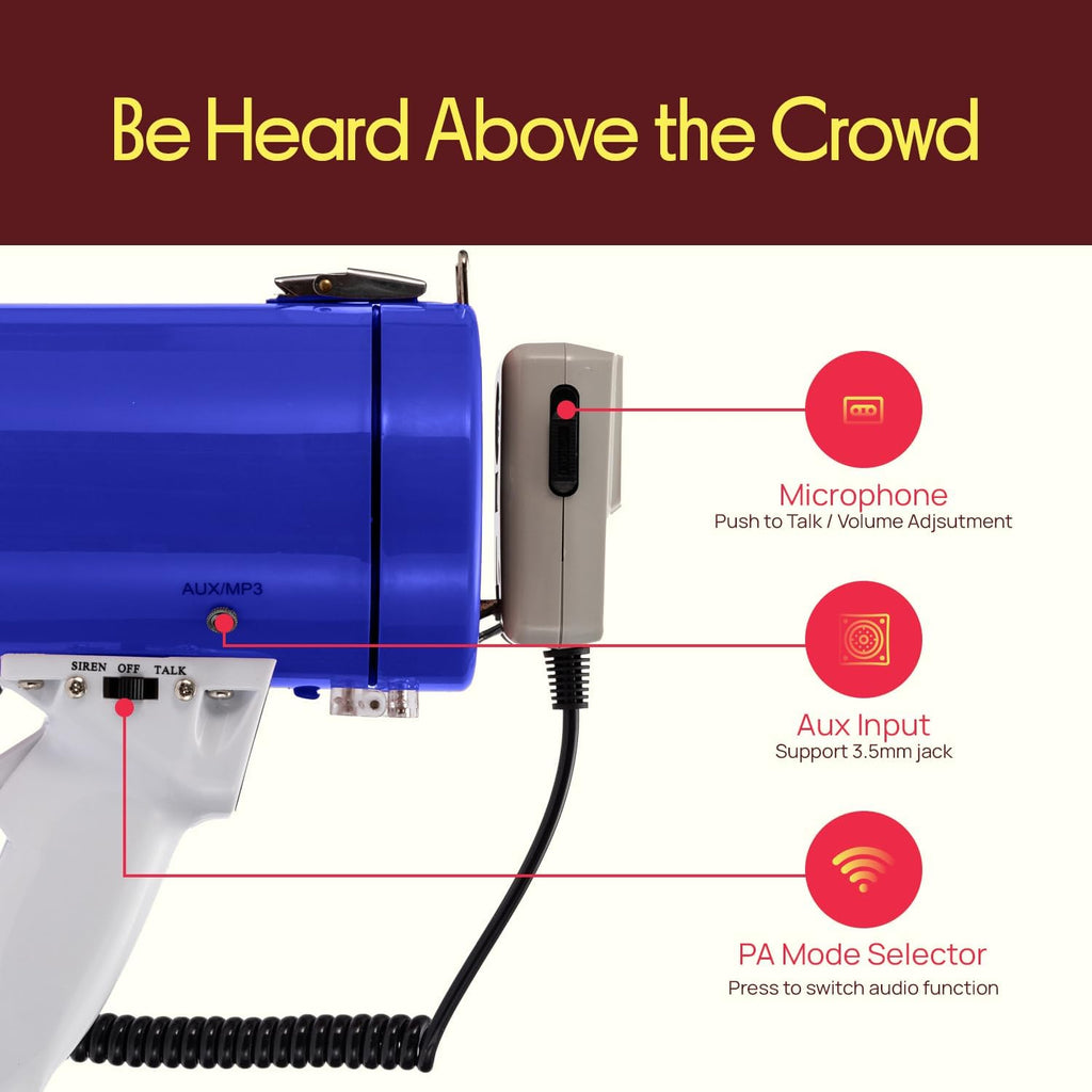 Pyle 50W Portable Megaphone - Adjustable Volume Up to 1700 Yards | Aux Input & USB Playback