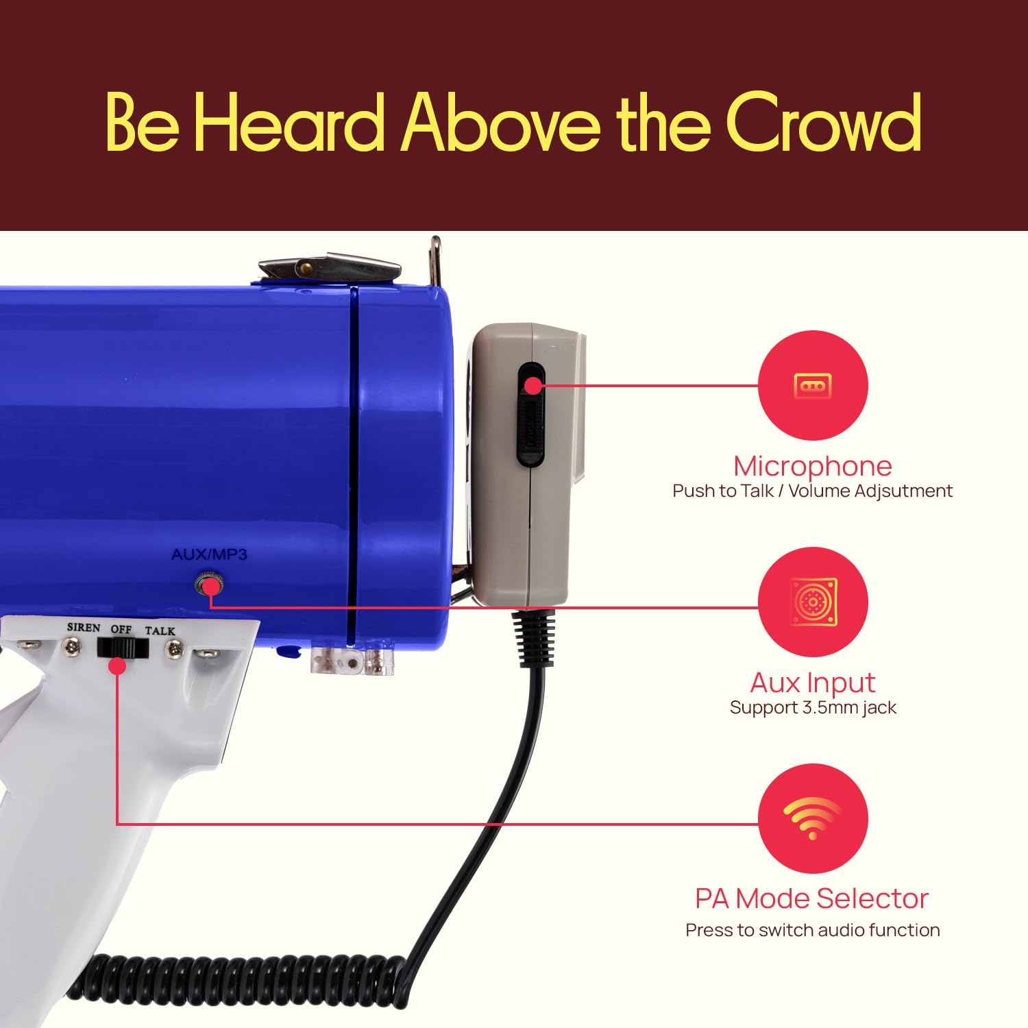 Pyle 50W Portable Megaphone - Adjustable Volume Up to 1700 Yards | Aux Input & USB Playback