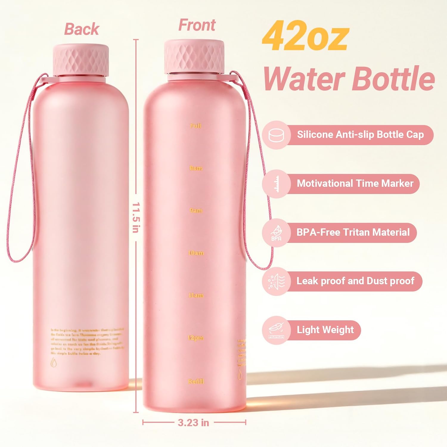 Sursip Slim Water Bottle - 42 oz Lightweight Tritan, Leakproof Lid & Motivational Time Markers | Perfect for Gym & Travel