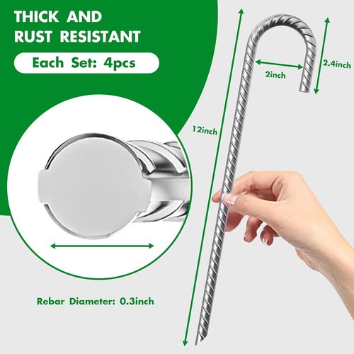 Eurmax USA 12" Windproof Trampoline Stakes - Rust-Proof Galvanized Steel J-Shape Ground Anchors | Secure Tie Down for High Winds, Silver