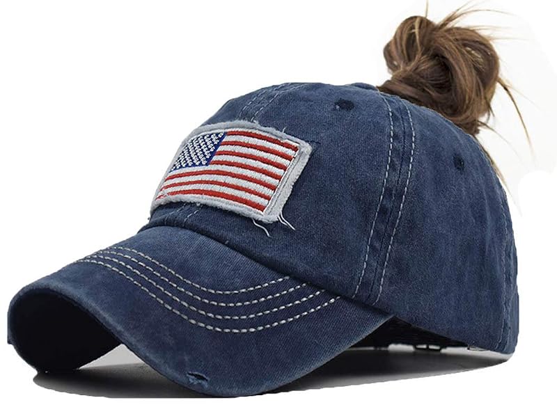 Distressed Ponytail Hat for Women – American Flag High Bun, One Size Navy