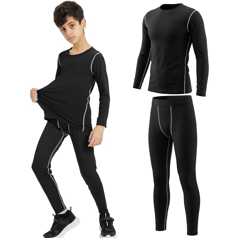 Base Layer Set for Kids - Long Sleeve Top + Full Length Pants, 4-Way Stretch, Quick Dry, 120–160 cm, Variation: Black+5