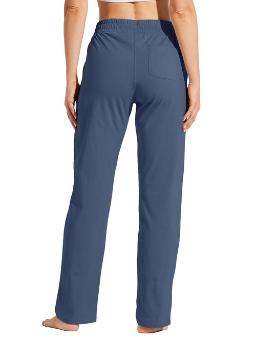Willit Women's Cotton Sweatpants Yoga Lounge Open Bottom Sports Pants Straight Leg Casual Pants with Pockets Dusty Blue L