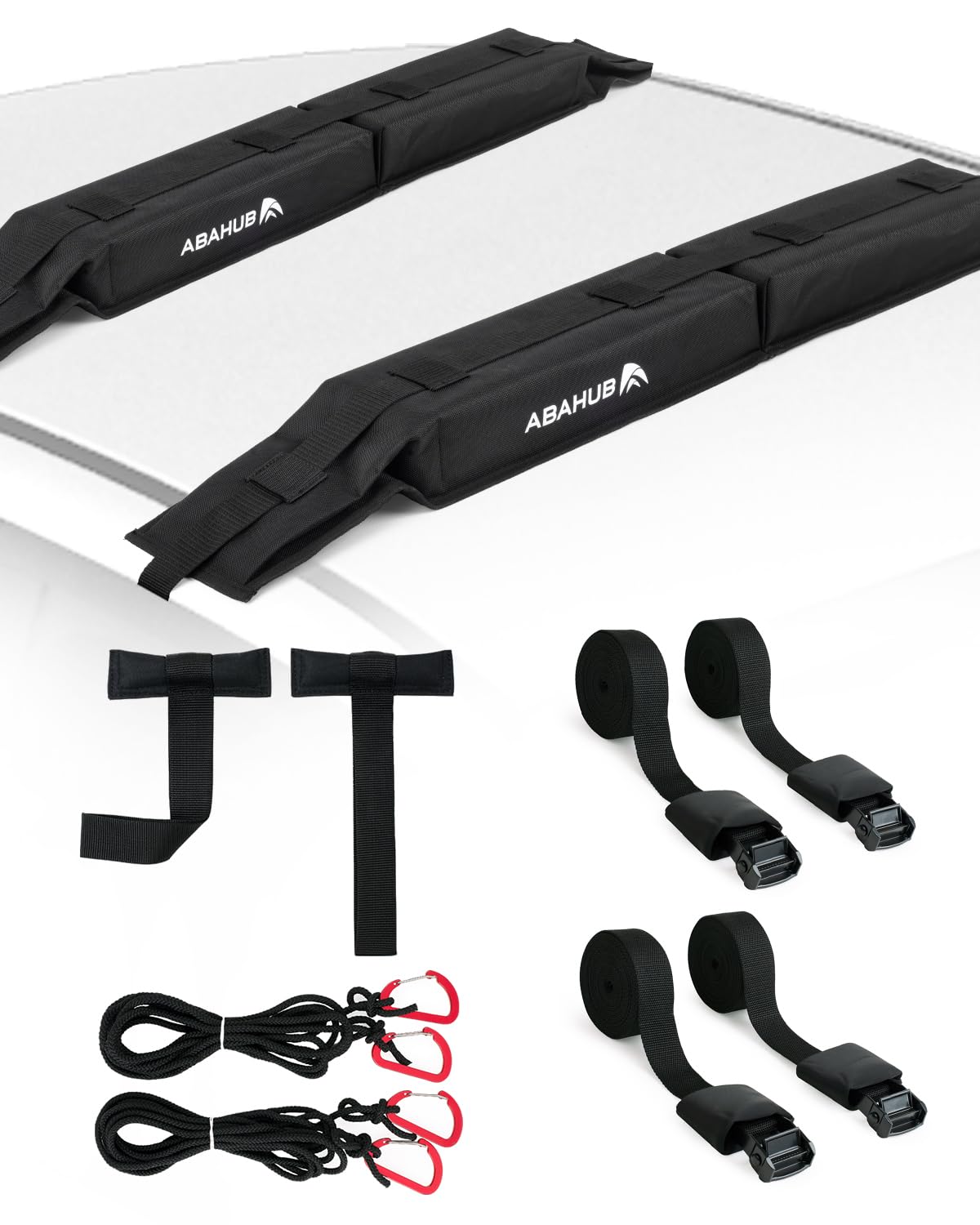 Abahub Soft Roof Rack Pads with 2 Tie Down Straps, 2 Tie Down Ropes, 2 Hood Loops and Storage Bag, for Surfboard, Kayak, Canoe, Heavy Duty Universal Car Roof Racks System