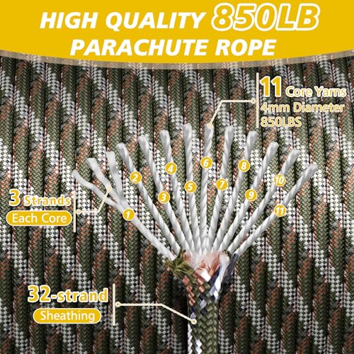 Reflective Paracord Rope 850Lb - Camo Green, 200FT Survival Tie Down
