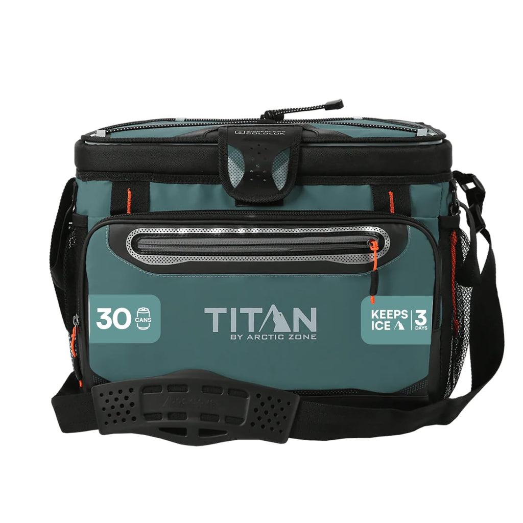 Titan by Arctic Zone Zipperless Soft Sided Cooler with HardBody Liner and SmartShelf, Insulated Bag with Shoulder Strap and Bottle Opener for Beach, Picnic, and Travel, 30 Can Capacity, Jungle Hunt