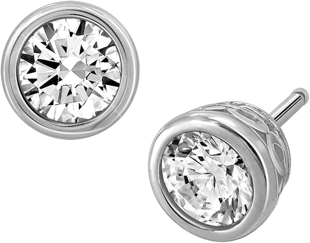 Skiennix Sterling Silver Bezel Set Stud Earrings - Platinum or Gold Plated with Infinite Elements Zirconia