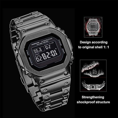 HJHYUL DW-5600 Mod Kit Stainless Steel Case Solid Metal Strap Bracelet for 5600 Series, 5610 Series, 5035 Series Watch Part Replacement (Black metal set, 5610 Series)