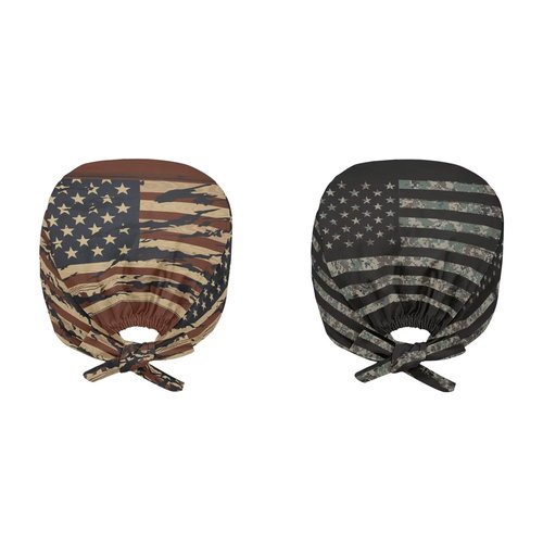 Babrukda 2 Pack Skull Hats for Women Men Scrub Cap with Sweatband Adjustable Tie Back Hats Head Hair Cover Coat American Flag Beanie with Knot Headgear for Outdoor Indoor