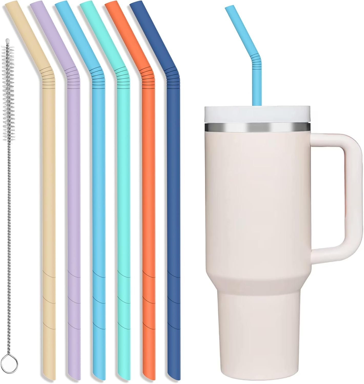 XANGNIER Extra Long Silicone Replacement Straws - 14” Pastel Color Straws for Stanley 40 oz Cup | 6 Pack with Cleaning Brush
