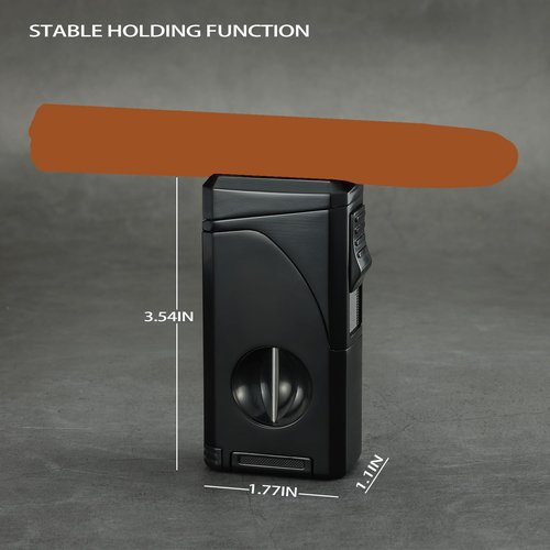 All in One Triple Jet Flame Butane Torch Lighter Built-in Cutter, Cutter V Cut, Punch, Holder Function, Draw Enhancer Tool, Refillable and Adjustable Windproof Lighter. Black(Sold Without Gas)