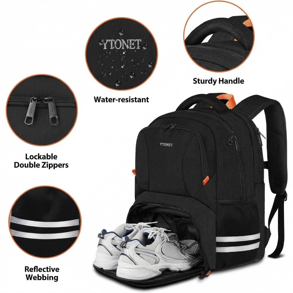 Ytonet Gym Backpack For Men Women, Travel Sports Track Bag With Shoe Compartment, Large Workout Laptop Backpack Water Resistant College Bag Fit 15.6 Inch, Camping, Black