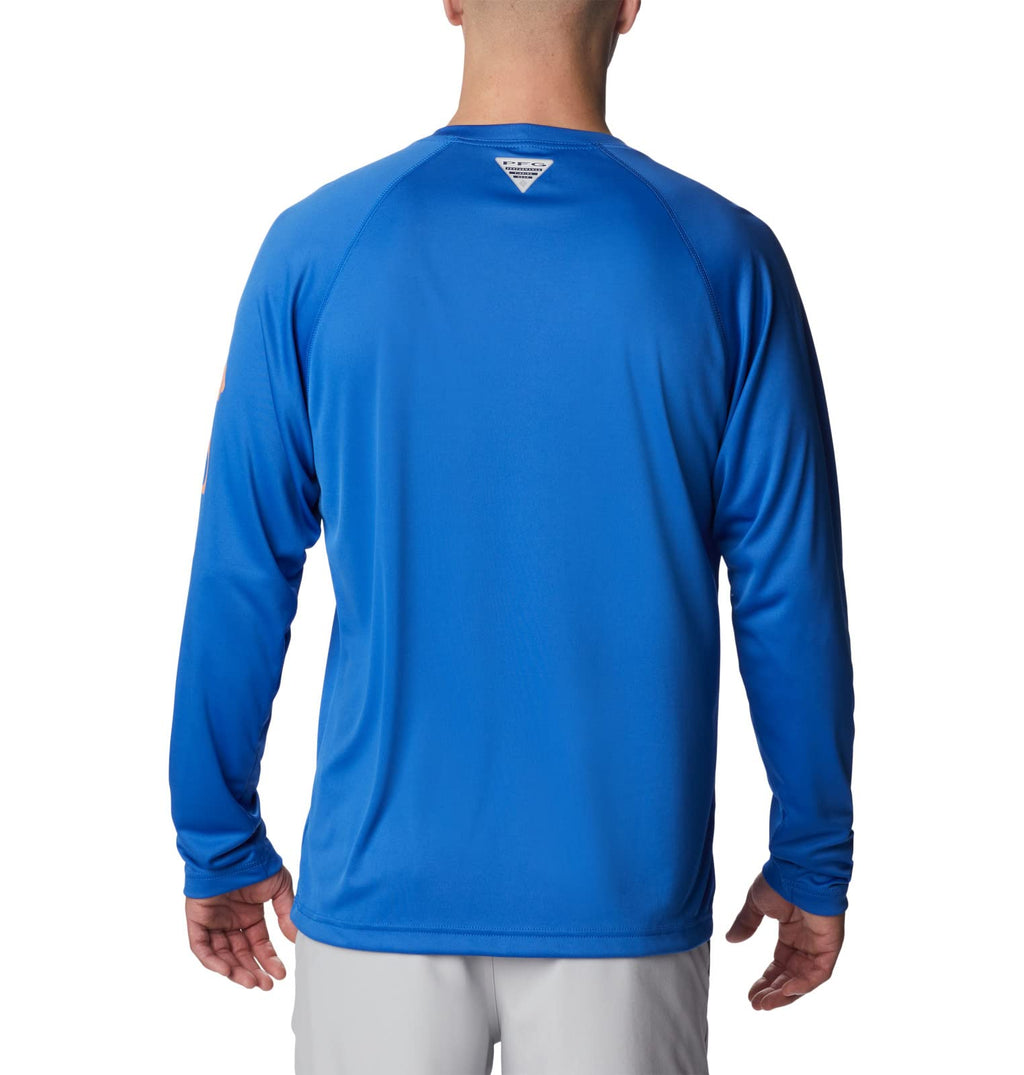 Columbia Men's Terminal Tackle Long Sleeve Fishing Shirt, Vivid Blue/Bright Nectar Logo, 1X