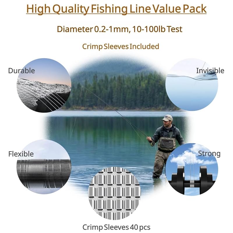 0.8 mm Clear Fishing Line 656 ft – Heavy-Duty Nylon Monofilament with 100 Crimp Sleeves