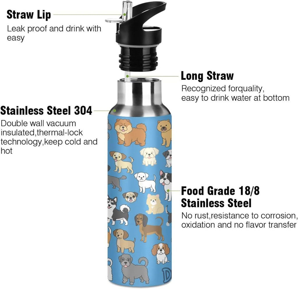 Skiennix Puppy Dog Water Bottle - Insulated Stainless Steel Flask with Straw Lid | 20 Oz, Blue