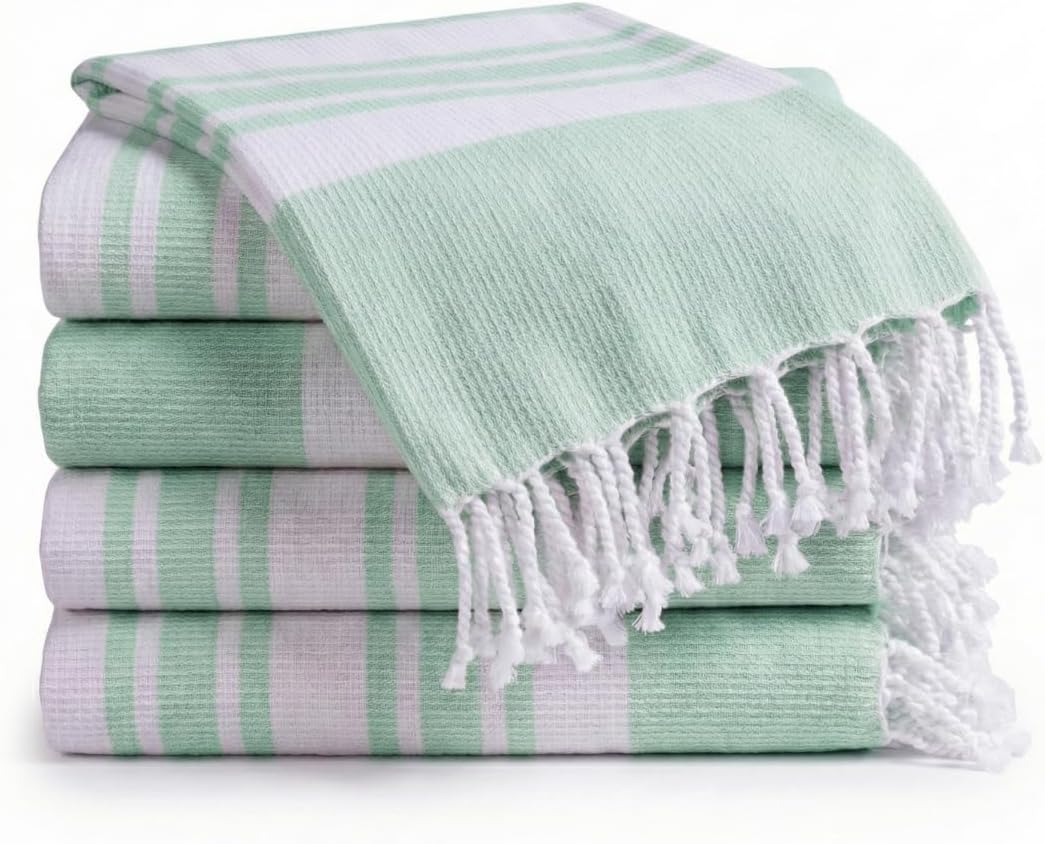 Turkish Beach Towels Set of 4 - Oversized 40x70 Inch Cotton Quick-Dry Towels | Sand-Free Aqua Blue