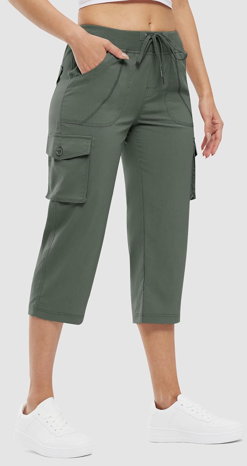 Rdruko Women's Cargo Capris - Lightweight Quick-Dry Hiking Pants with Pockets | Summer Casual Cropped Style
