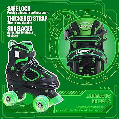 Green Adjustable Kids Roller Skates for Boys & Girls, 4 Sizes, Light-Up Wheels - Small (10-13US)