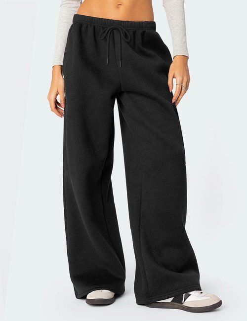 HeSaYep Women's Wide Leg Sweatpants Baggy Fleece Lined High Waisted Sweat Pants Straight Leg Casual Drawstring Pants with Pockets Black M