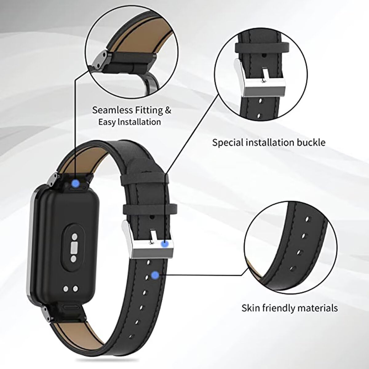 T-BLUER Compatible with Xiaomi Redmi Band 2 Bands,Leather Replacement Bracelet Strap Wristband Accessories with Metal Frame for Xiaomi Smart Band 8 Active,Grey