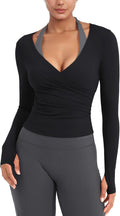 YEOREO Women's Long Sleeve Workout Wrap Top - V Neck with Thumb Holes for Yoga & Pilates