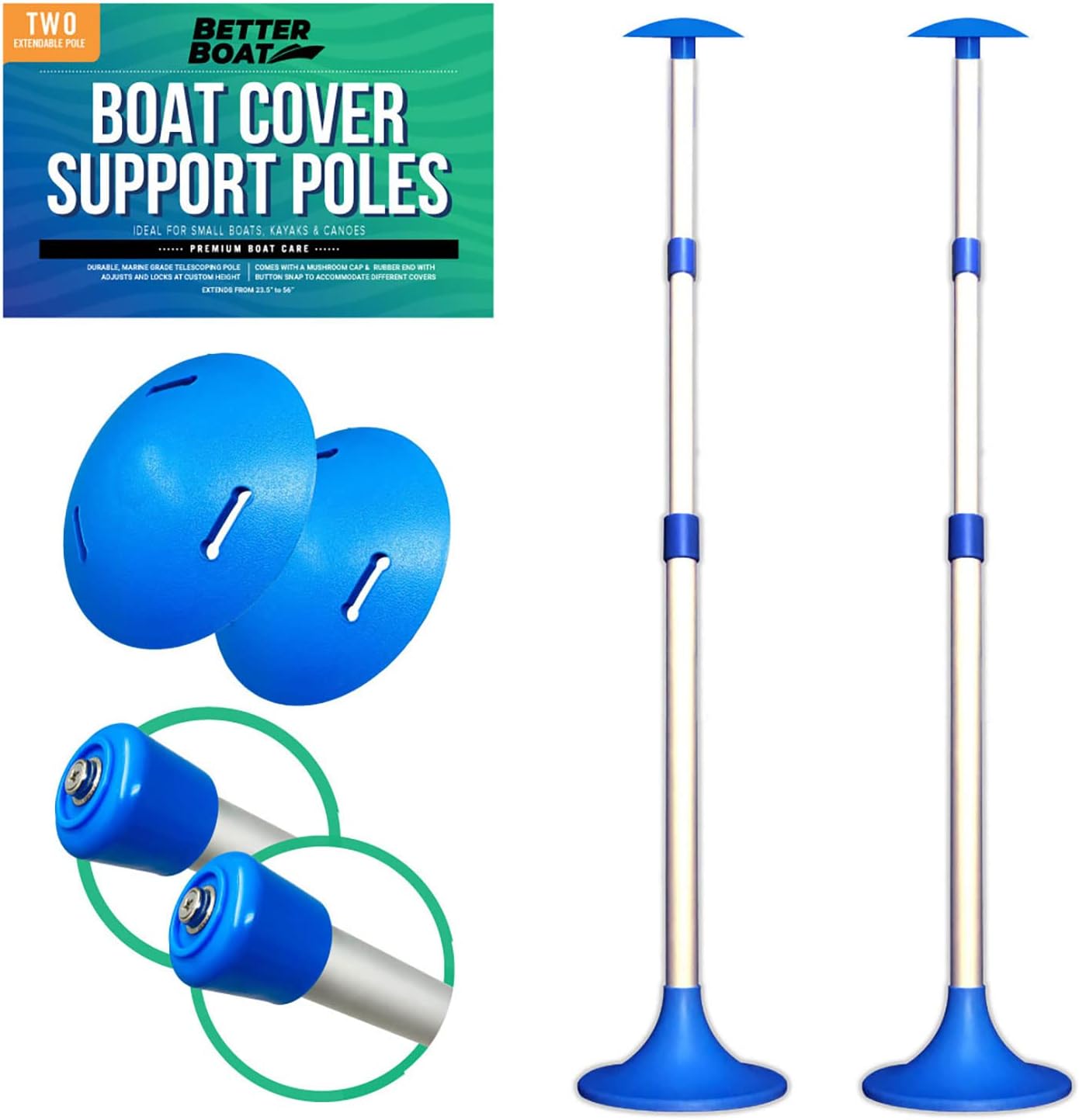 Better Boat Boat Cover Support Poles - Adjustable Twist Lock with Snap & Mushroom Tops, Marine Grade Aluminum