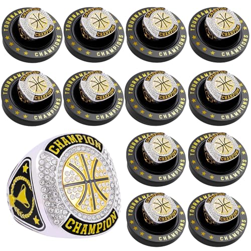 Gold 12 Pcs Basketball Championship Rings with Chains & Display Stand - Tournament Award Trophy Gift