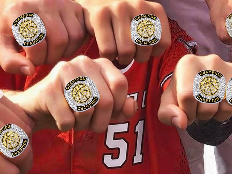 Skiennix Basketball Championship Ring Set - 12 Pcs Trophy Awards with Display Chain & Stand