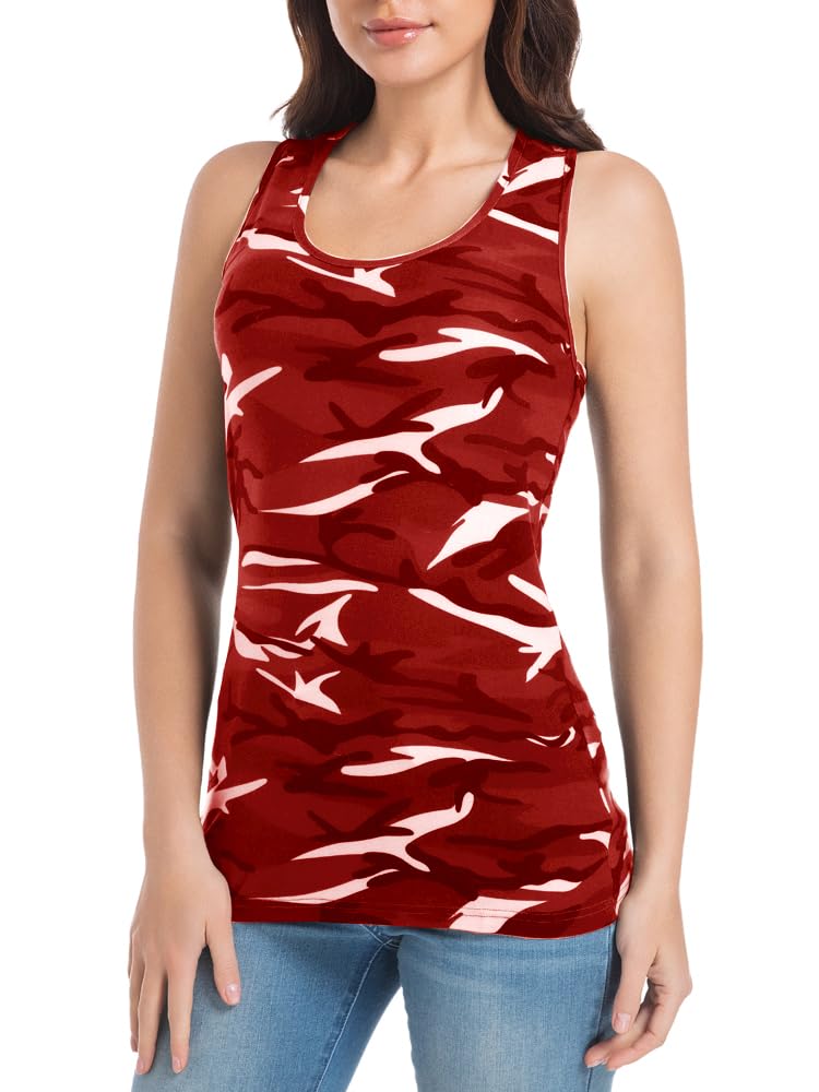 Women Racerback Camo Tank Shirts Cool Lightweight Tops Fabric Sport T Shirts Ladies Workout Tops for Walking Cycling Red Camo S