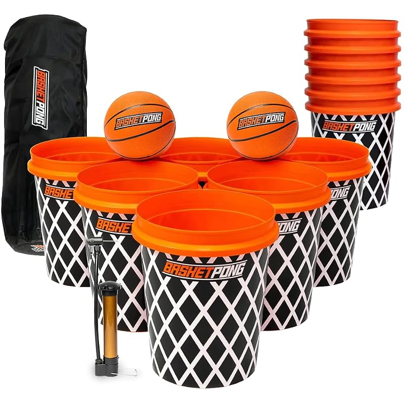 Giant Yard BasketPong Outdoor Game Set with 12 Buckets, 2 Balls & Carrying Bag
