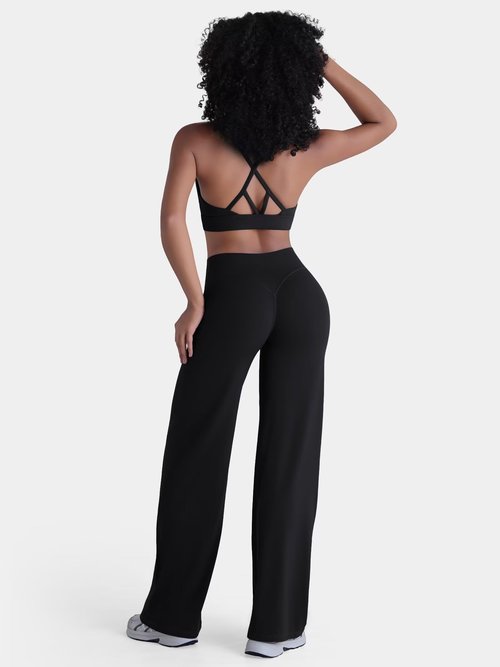 Sunzel Women's Butt Lifting Wide Leg Yoga Pants High Waist Tummy Control No Front Seam Straight Leg Workout Gym Bottoms 33" Black Large