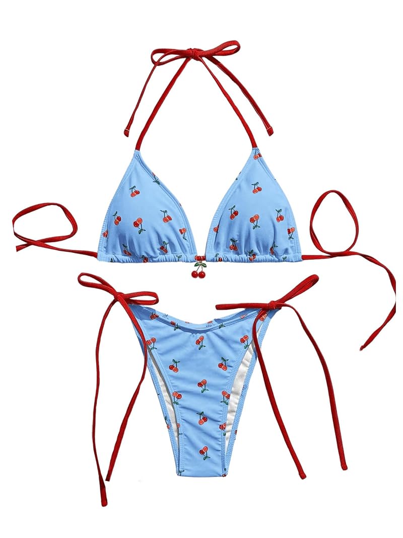 WDIRARA Cherry Print 2 Piece Swimsuit Set - Blue, Medium Variation
