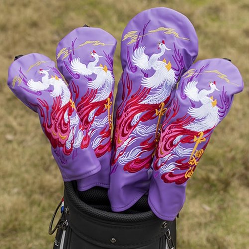 Golf Phoenix Head Cover Golf Club Purple Leather Headcovers Set Fits Driver Fairway Wood Hybrid Utility Putter Iron Wedge Headcover.