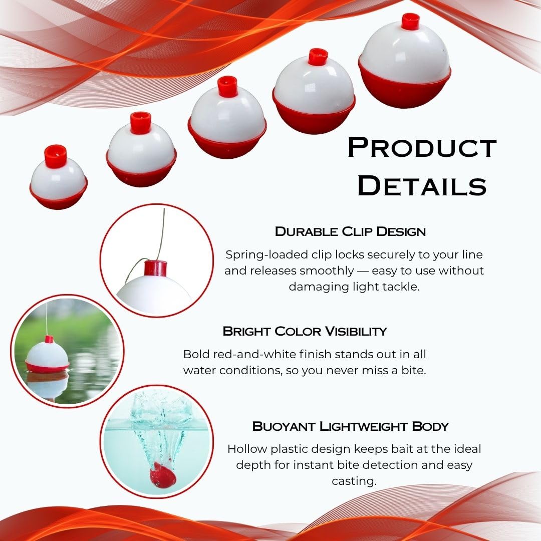 DeLong Lures Red and White Snap-On Fishing Bobbers – 15 Pack, 5 Sizes for Panfish, Bass, Trout, and Kids