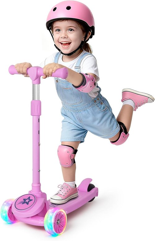 Nattork Kids Scooter - Light Up Wheels, Adjustable Height Handlebars & Anti-Slip Deck | Ages 3-8, Supports Up to 110 LBS