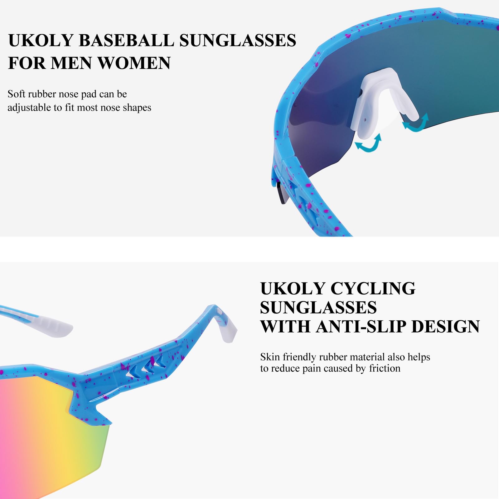 Ukoly Baseball Sunglasses For Men Women,Sports Sunglasses For Baseball Running Cycling UV400 protection TR90 Frame 615 (Pink Blue)