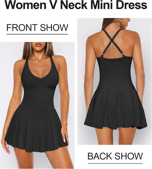 Hragc Women's V-Neck Pleated Flowy Tennis Dress - Athletic Summer Mini Dress with Pockets