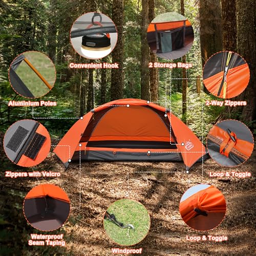 Camppal 1 Person Tent for Camping Hiking Mountain Hunting - Orange, 4-Season Waterproof Windproof