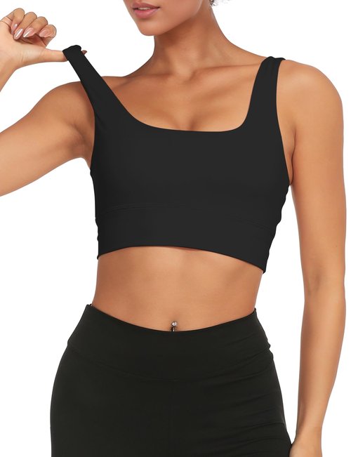 Buauty Sports Bras for Women, High Support Molded Cup Scoop Neck U Back Crop, Workout Push up Compression Bra with Built, Open Back Gym Athletic Bras Black M