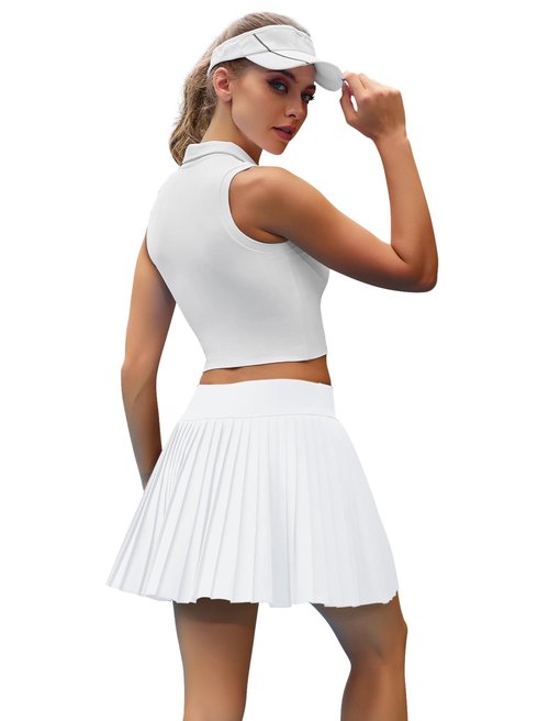DLOODA Womens Pleated Tennis Skirts with Pocket Shorts High Waisted Skorts Lightweight Golf Skirt Flowy Athletic Skort White