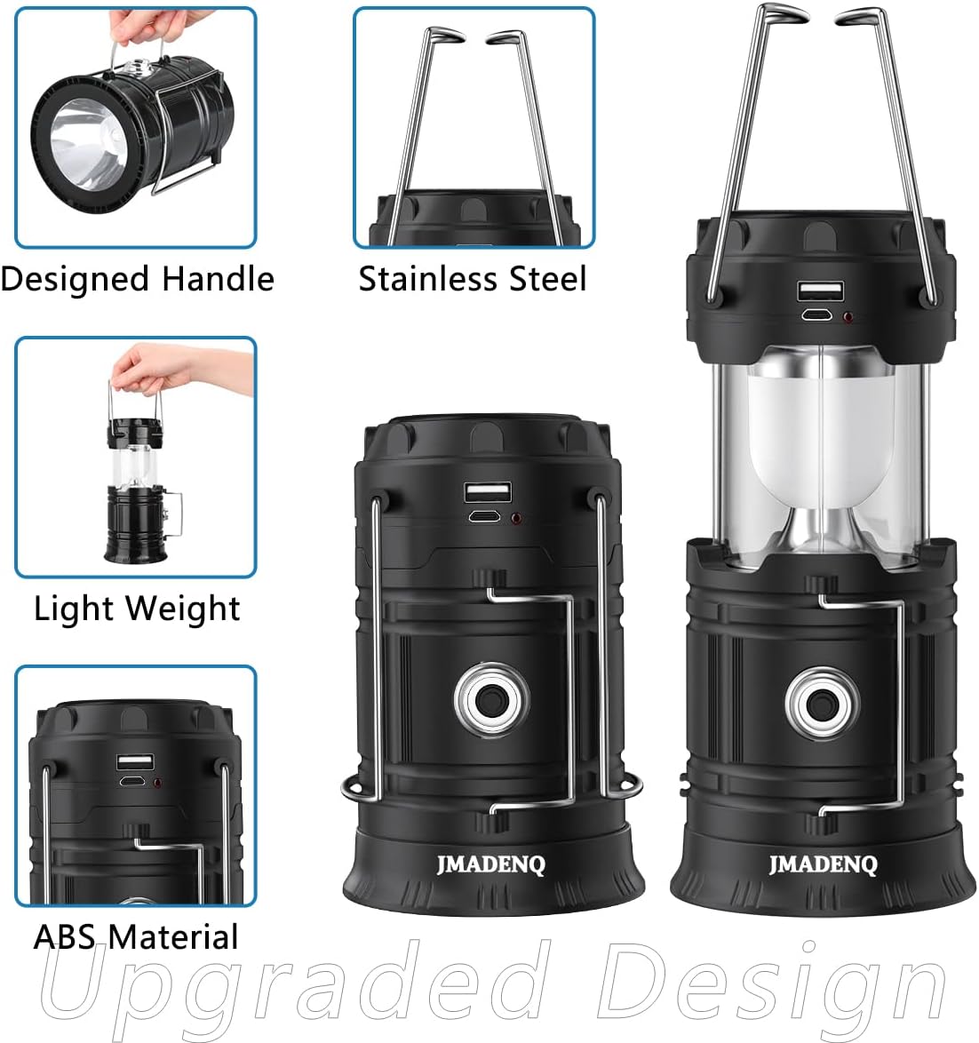 Upadte Solar Lantern Flashlights - USB Rechargeable LED Camping Lights | Portable & Collapsible for Emergencies (2 Pack)