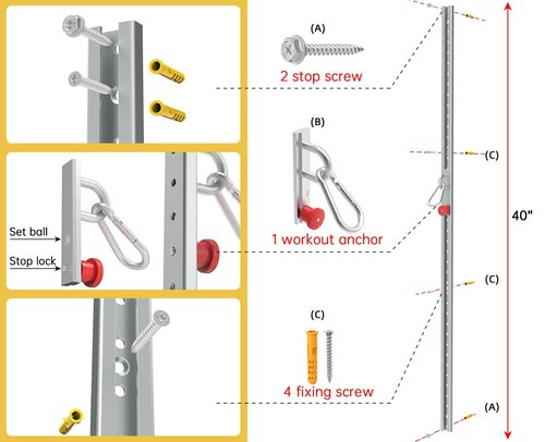 Adjustable Resistance Band Anchor Workout System - Automatic Locking Wall Mount Pulley Anchor for Physical Therapy, Warmups, and Athletic Training，40" Height Adjustable