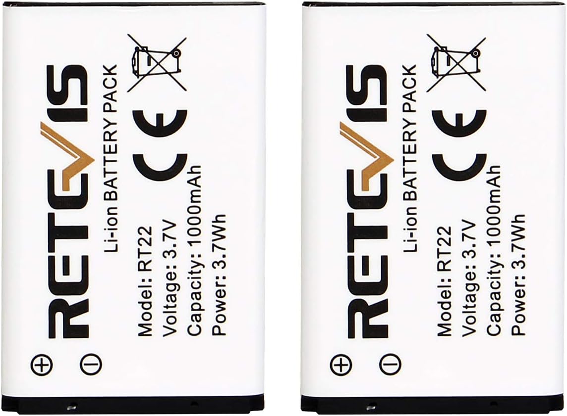 Retevis Original Li-ion Battery for RT22/RT22S/RT15/RT19 Walkie Talkies - 3.7V 1000mAh (2 Pack)