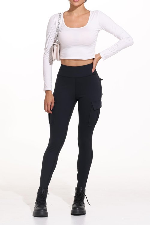Cargo Leggings Women Yoga Work Pants with Pockets Gym Athletic Workout Running Hiking High Waisted Tummy Control Cute Comfy Soft Stretch Tall 7/8 Ankle Jogger Trendy Clothes Bottoms Black 29" M