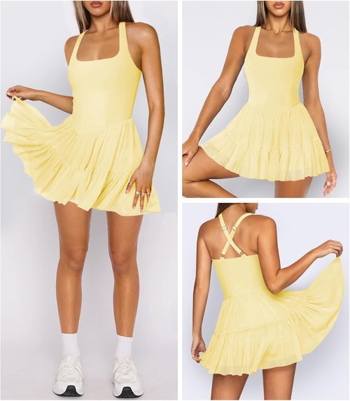 Hragc Women's Tennis Dress - Flowy Pleated Halter Neck Mini Dress with Shorts Pocket | Athletic Style