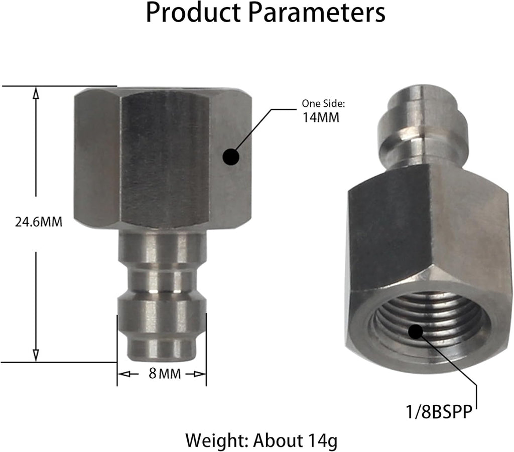 Universal 8mm Quick-Disconnect Plug Adapter, Stainless Steel 1/8" BSPP Female Thread, PCP Paintball Charging Fittings with Sealing O-Ring