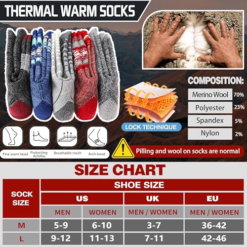 Welwoos Merino Wool Thermal Hiking Socks Large Assorted Square Stripes - Warm Moisture Wicking Outdoor Socks for Men & Women